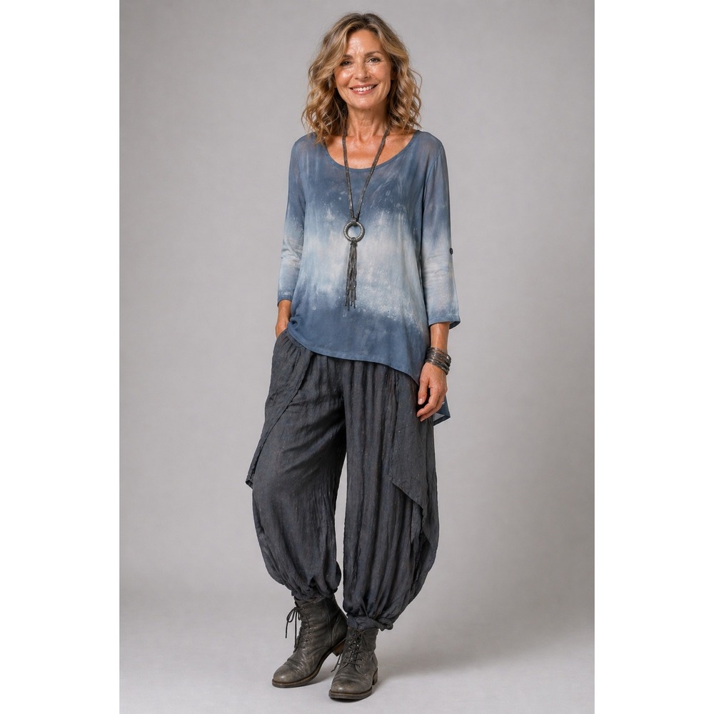 Pronto Moda Gilsy Blue Tie Dye Silk Blend Tunic Top XL 3/4 Sleeve Boho Lagenlook